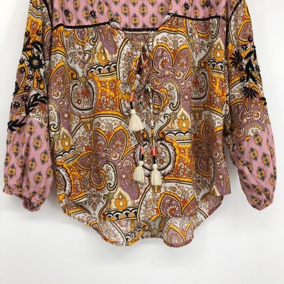 Anthropologie Emma Kayleigh Pink printed tie neck boho balloon sleeve blouse xxs - Picture 10 of 16